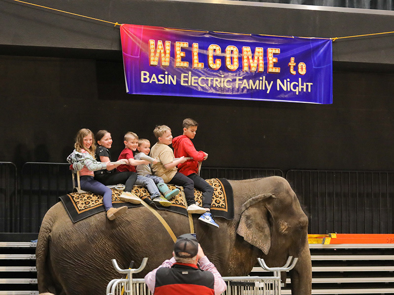 children riding elephant in circus