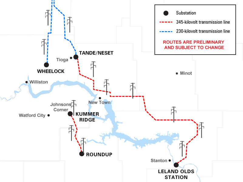 map showing Basin Electric's transmission buildout plan in western North Dakota